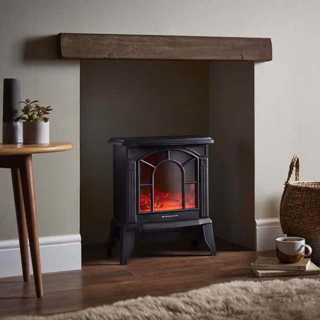 TrueShopping 1800W Freestanding Electric Fireplace with Wood Burner Flame Effect in Black