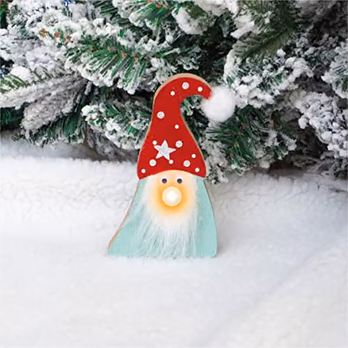 St Helens Home & Garden Brown Wooden Gonk Christmas Decoration with Light Up Nose and Fluffy Beard – 6