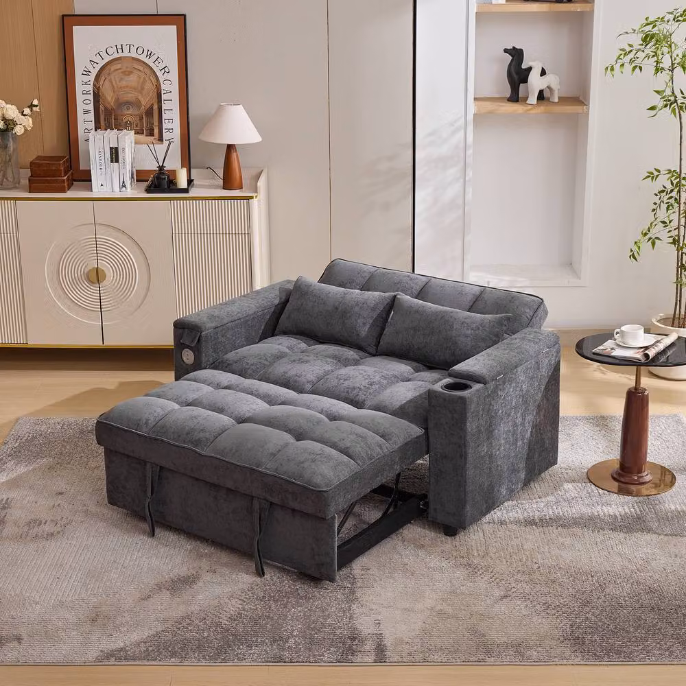 Merax Grey Pull-Out Sofa Bed with Swivel Tray Table and Flip-Top Storage Arms – 2