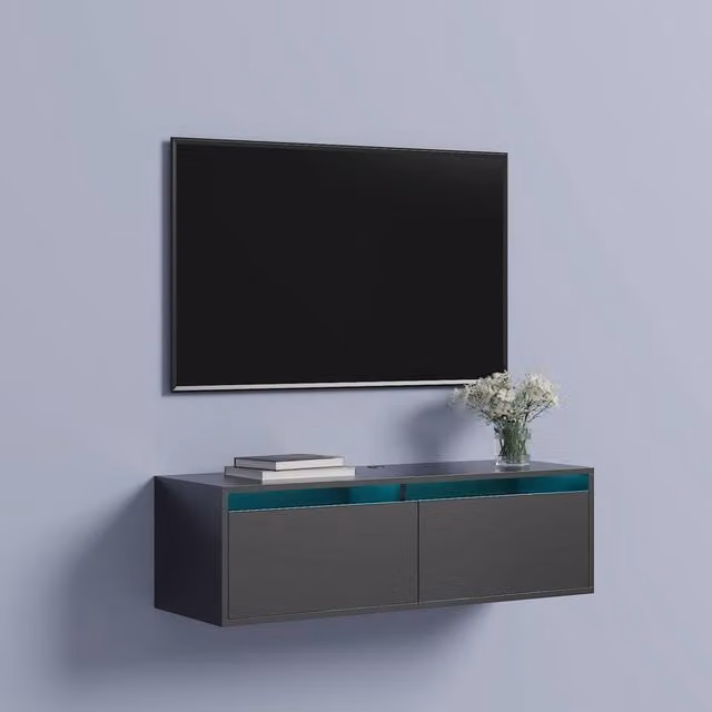 KEEPREAPER Modern Wall Mounted Floating TV Stand with Integrated LED Lights in Black – 1