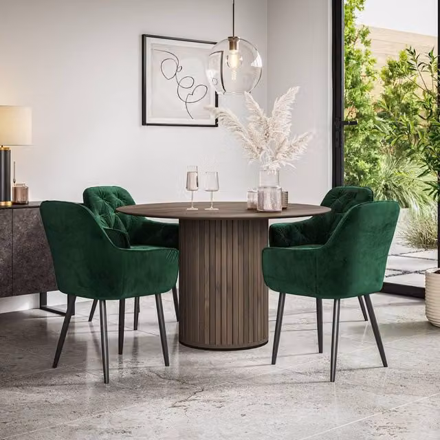 More4Homes Arlo Walnut Round Dining Table and Anika Green Velvet Dining Chairs Set of 4, W/D/H: 120 x 120 x 75 cm – 1