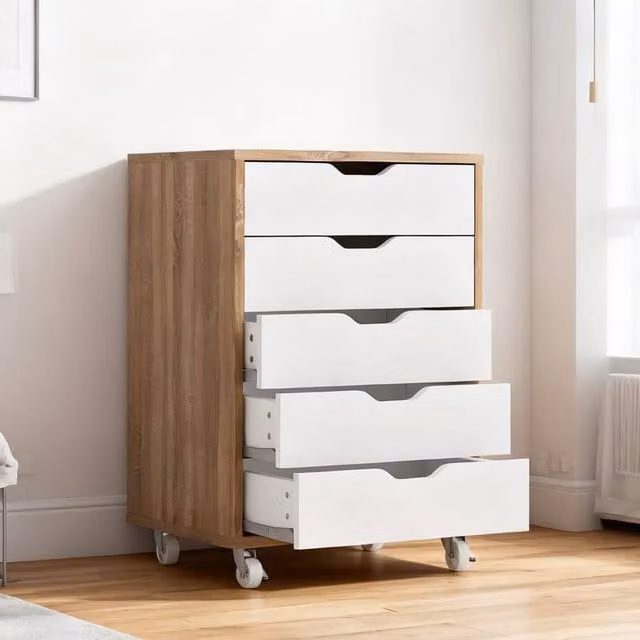 ERGOVEXA Five-Drawer Filing Cabinet with Castors, Oak and White