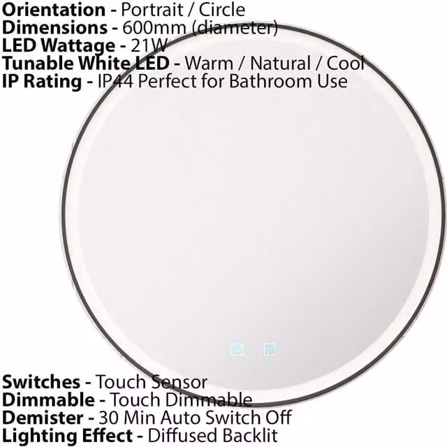 Loops Round LED Bathroom Mirror with Demister, Matt Black, Diameter: 60 cm – 1