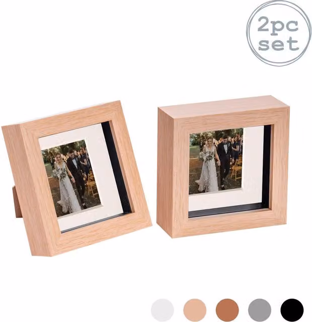 Nicola Spring Square 3D Box Photo Frame in Beige and Yellow, Pack of 2, W/D/H: 10.16 x 10.16 x 10.16 cm