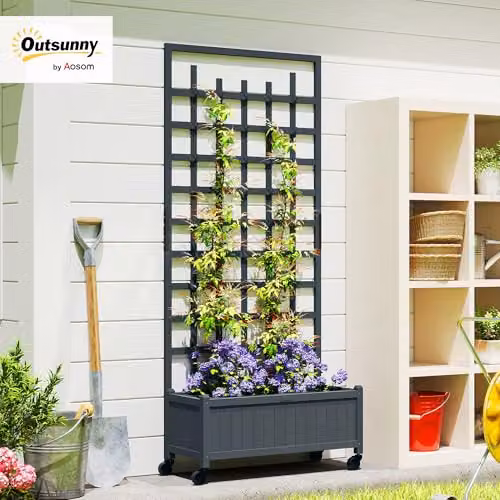 Outsunny Wooden Trellis Raised Garden Bed with Wheels, Grey, W/D/H: 186 x 54 x 35 cm – 2