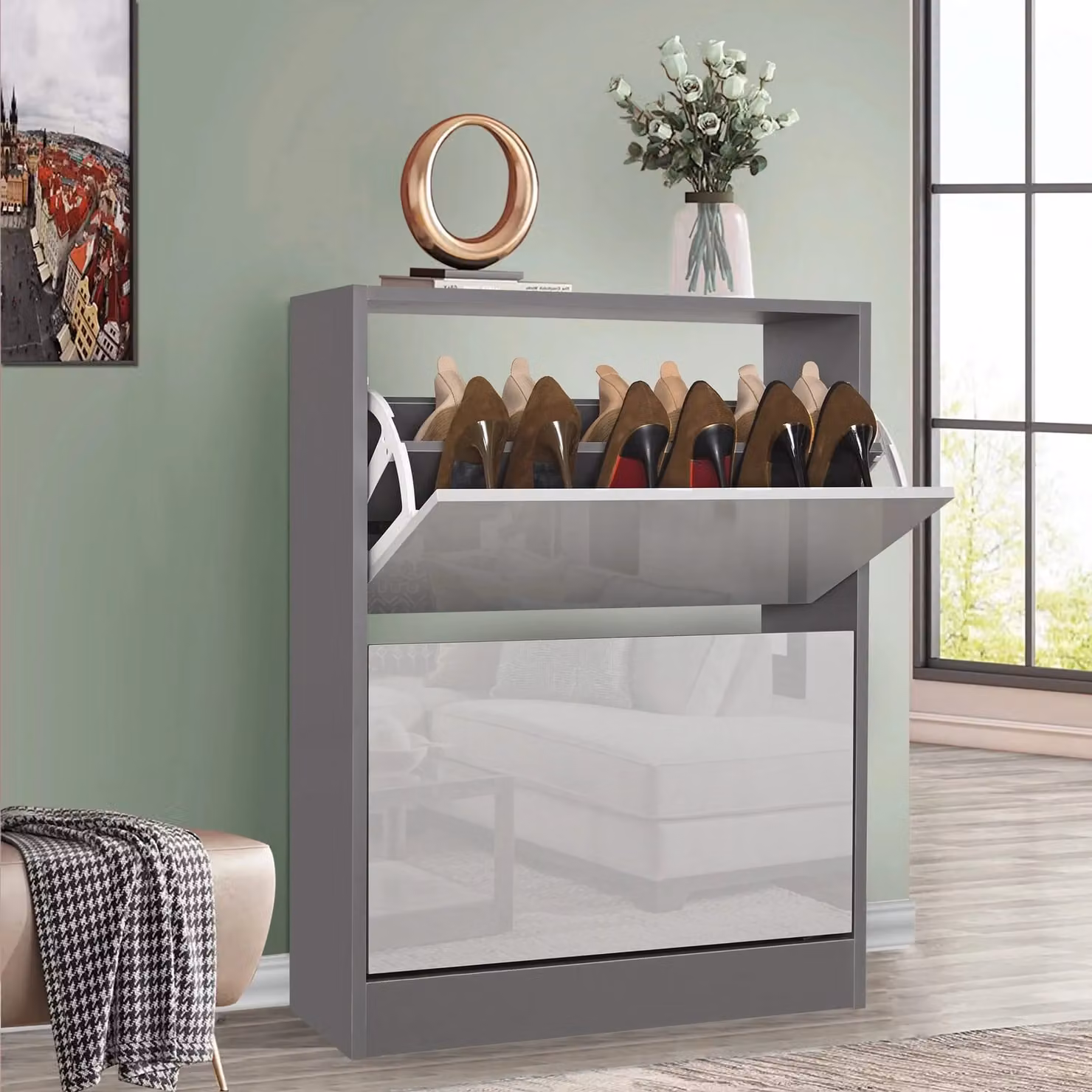 High Gloss 2 Drawer Slim Shoe Storage Cabinet for Hallway in Silver and Grey