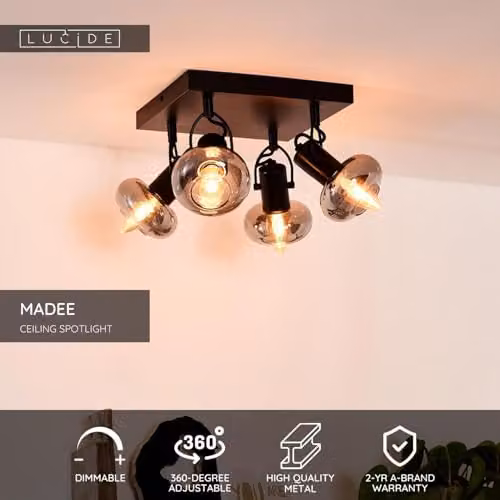 Lucide Madee Black Metal Ceiling Spotlight with 4 x E14 Dimmable LED Lamps – 2