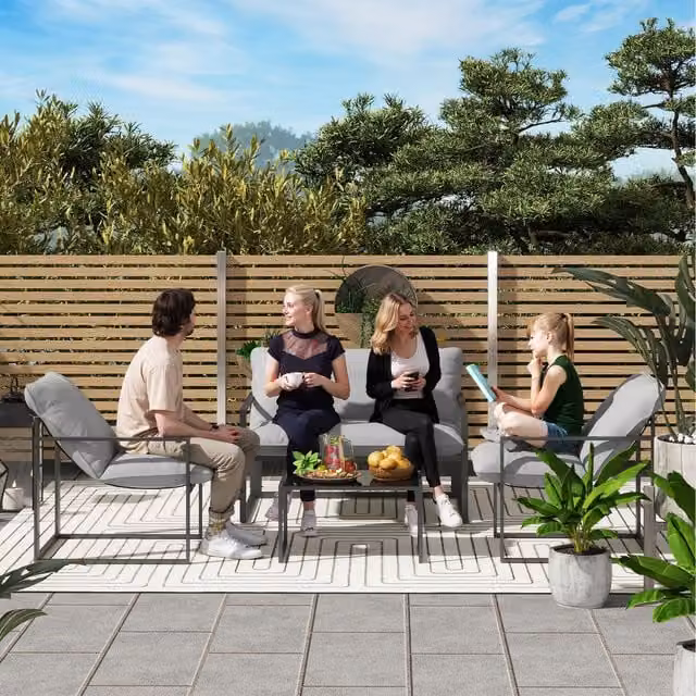 Outsunny Modern Garden Sofa Set with Armchairs, Loveseat and Coffee Table in Light Grey