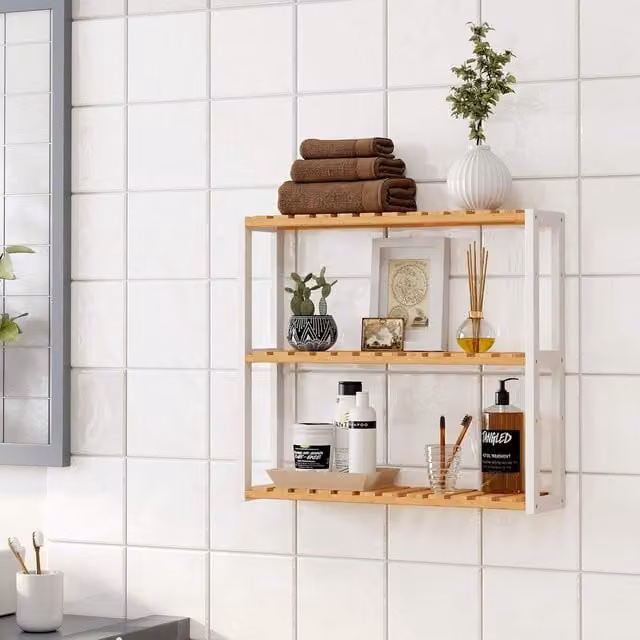 SONGMICS Adjustable 3 Tier Bamboo Wall Mounted Shelf for Bathroom or Kitchen in Natural