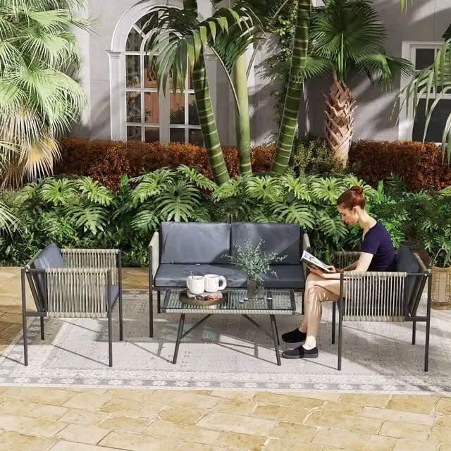 Outsunny 4 Piece Modern Grey Rattan Garden Furniture Set with Glass Table
