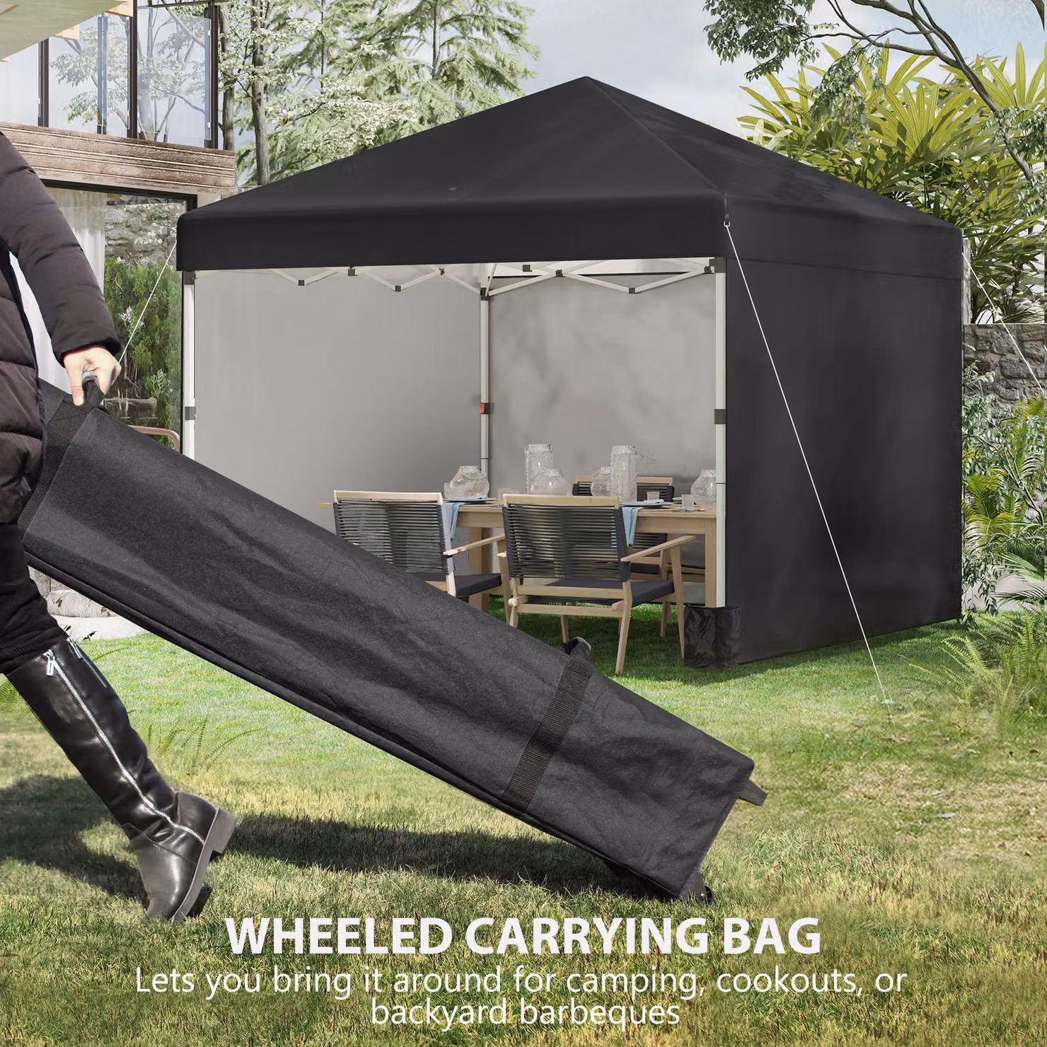 Outsunny Black Metal Frame Pop Up Event Shelter Gazebo with 2 Sidewalls, Weight Bags and Wheeled Bag, W: 300 cm, D: 300 cm, H: 285 cm – 8