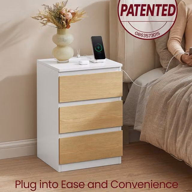 VASAGLE White Bedside Table with Power Strip and Drawers