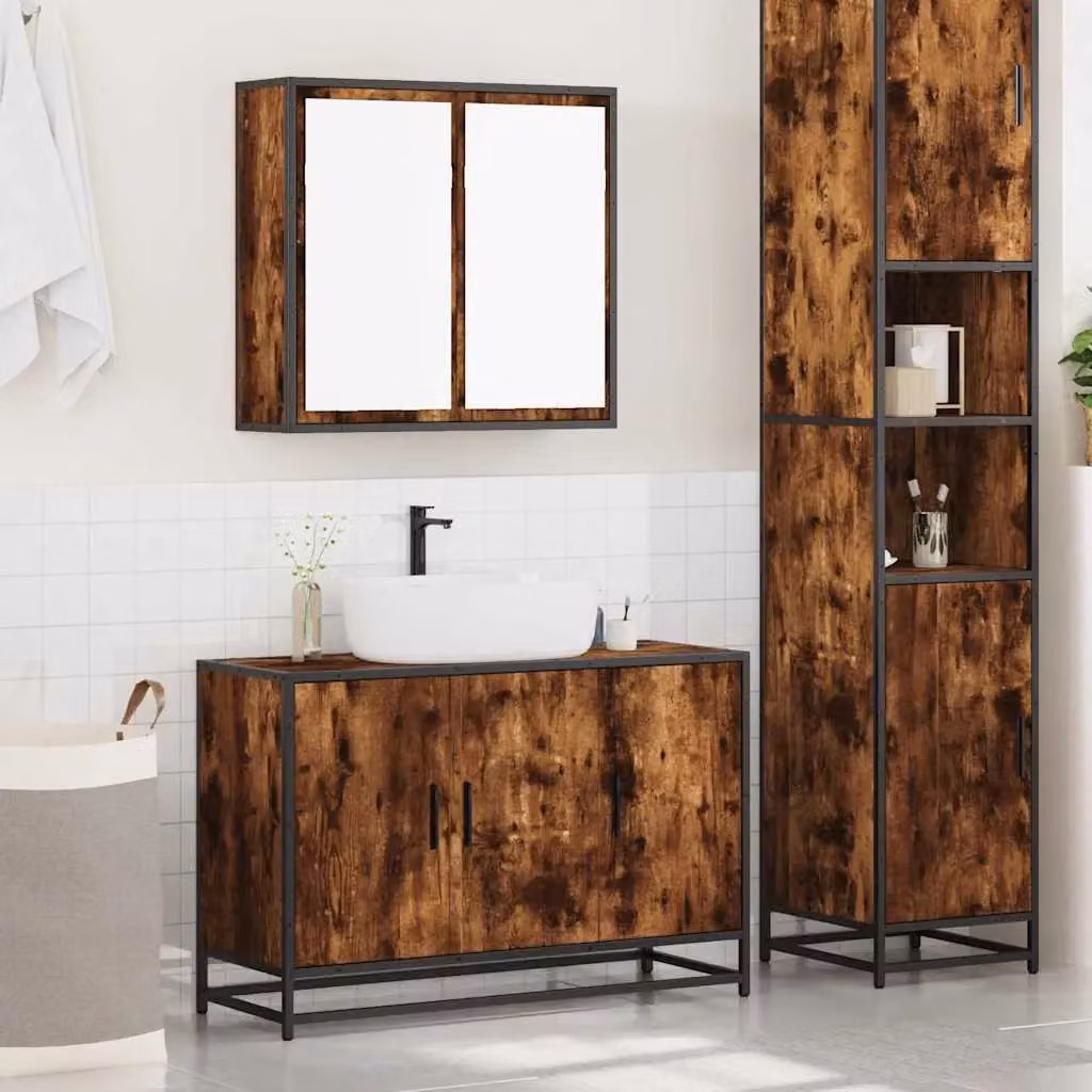 Berkfield Home 2 Piece Industrial Bathroom Furniture Set in Smoked Oak Brown featuring a Wall Mounted Vanity Unit and Mirror Cabinet – 3
