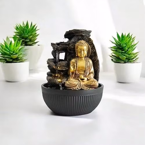 Buttercup Farm Minster Table-Top Ceramic Indoor Fountain with LED Light, Gold and Multicolour, W/D/H: 21 x 21 x 25 cm