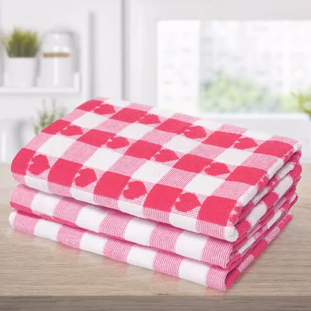Kitchen Trends Pack of 3 Pink Hearts Pattern Jacquard Quick Dry Cotton Tea Towels