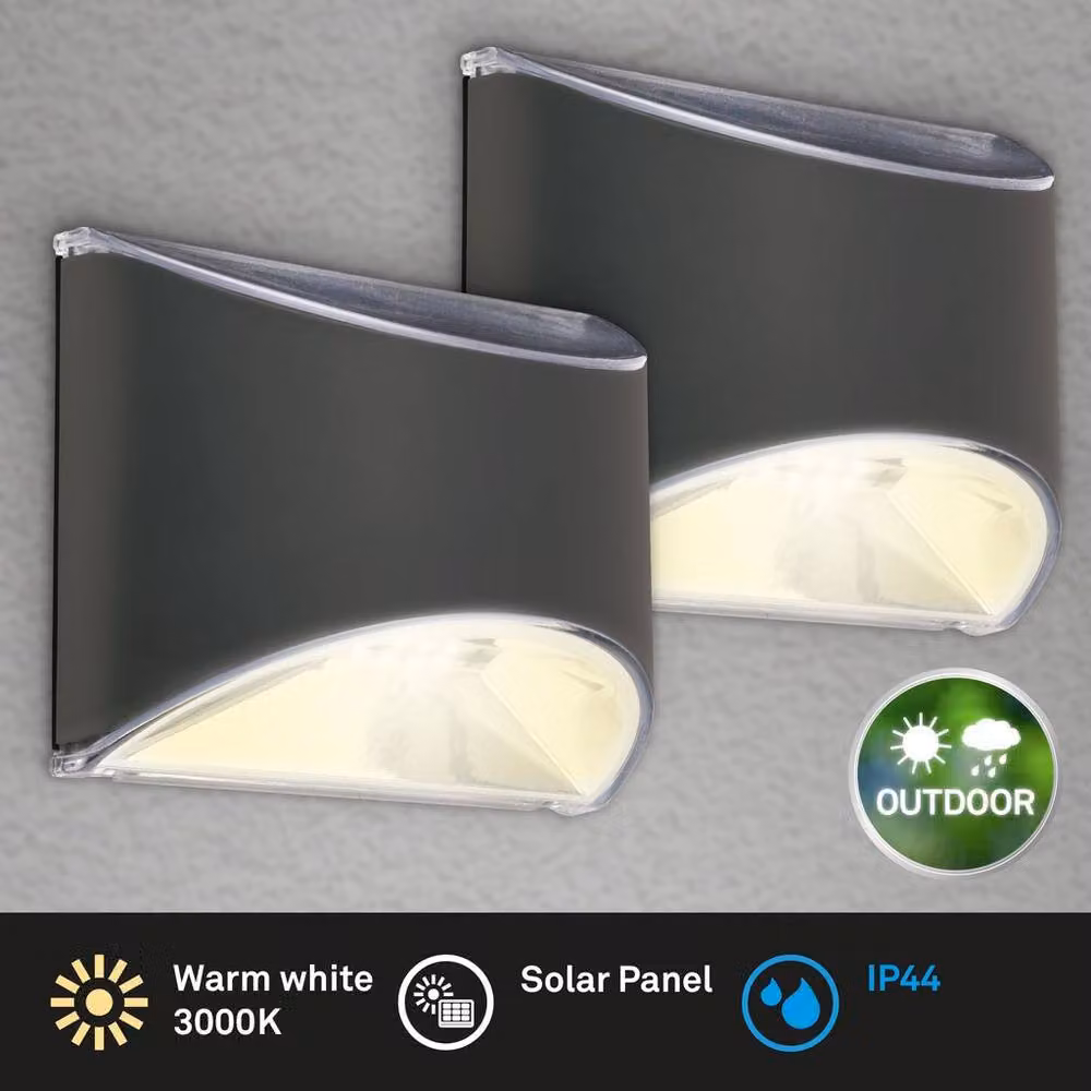 Briloner LED Solar Outdoor Wall Light in Black with Warm White 3000K and Dusk Sensor, IP44 Rated – 2