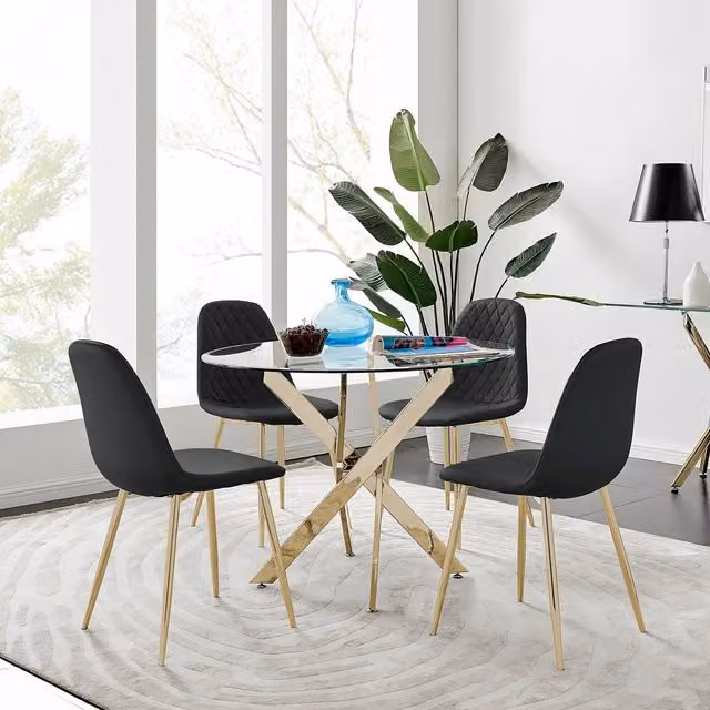 FurnitureboxUK Novara Round Tempered Glass Dining Table with Gold Legs and 4 Black Corona Faux Leather Chairs, Diameter: 100 cm – 1