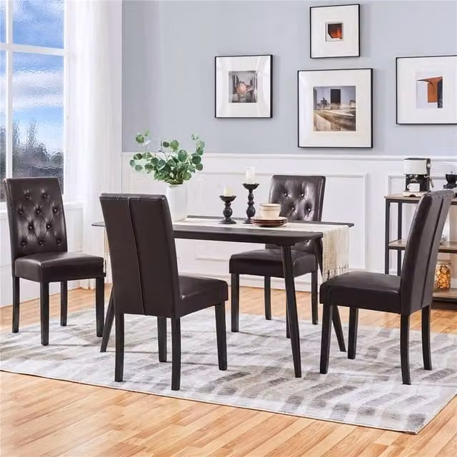 KORVIXA Set of 2 Brown Faux Leather Dining Chairs with Rubberwood Legs