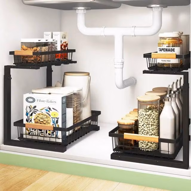 VOGREX 2-Tier Pull Out Under Sink Kitchen Storage Baskets, 2 Pieces, Black Metal – 1