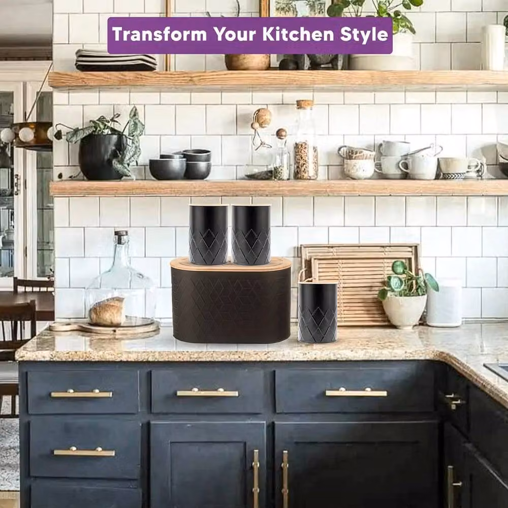 FORGEVIO 4-Piece Airtight and Leakproof Geometric Kitchen Storage Container Set with Bamboo Lids in Black – 5