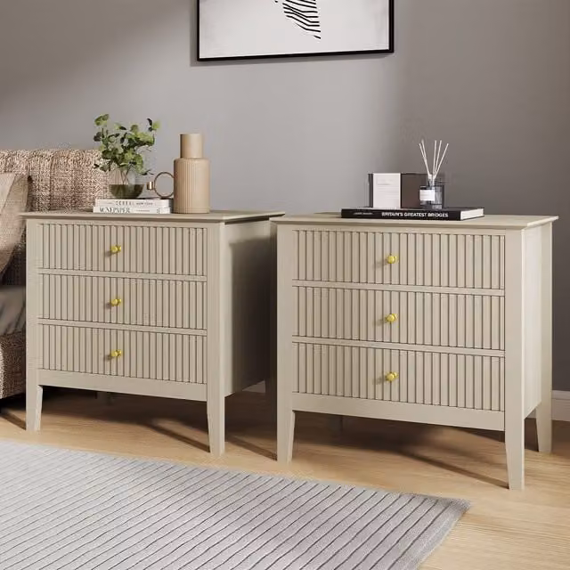 Melody Maison Hales Taupe Pair of Large 3 Drawer Bedside Tables in Beige – 1