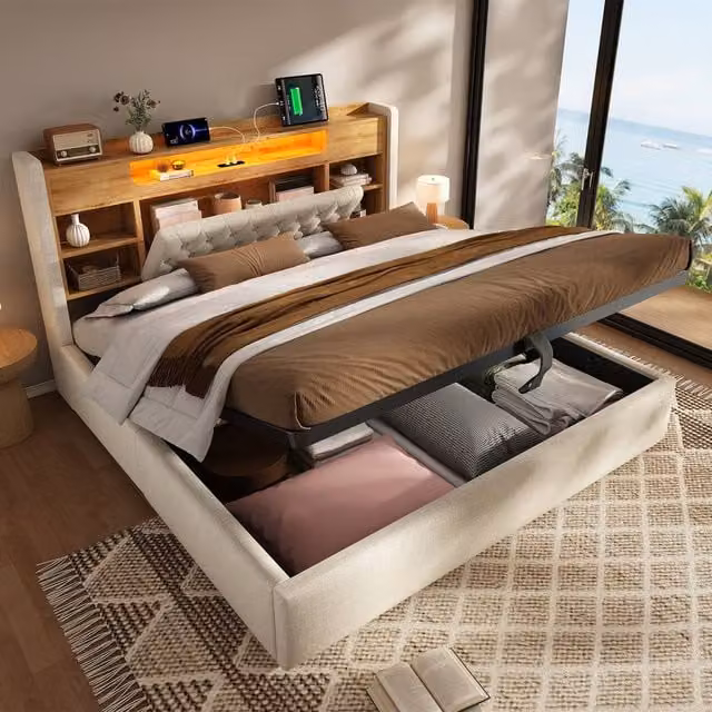 ModernLuxe Super King Ottoman Storage Bed in Beige with LED Under-Bed Lighting and Storage Headboard
