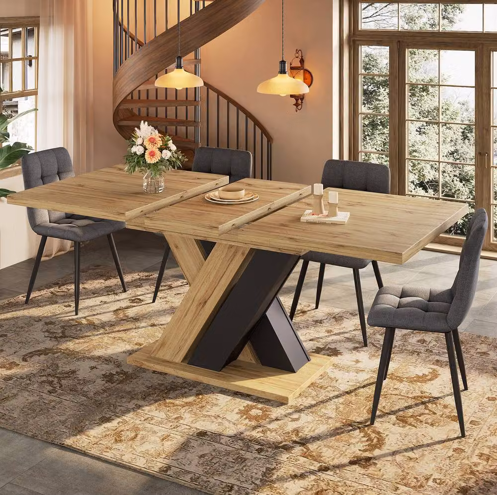 STILVORA Extendable Rectangular Dining Table with X-Frame Legs in Sand and Brown – 2
