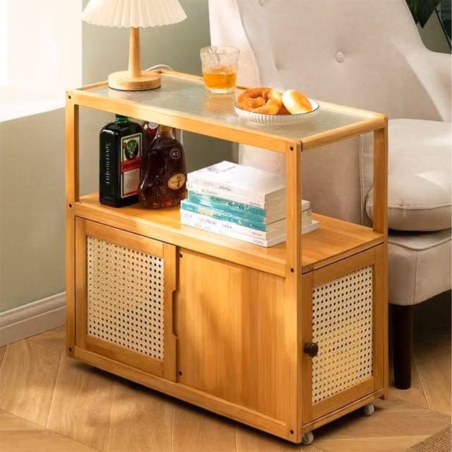 Komore Scandinavian Style Mobile Side Table with Glass Top and Castors in Brown