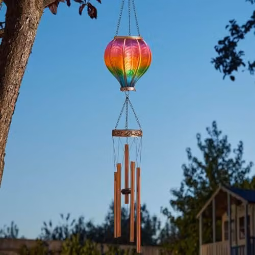 Marco Paul Solar Hot Air Balloon Wind Chime with Warm White LED Flame Effect, Multicolour, Height: 105 cm – 1