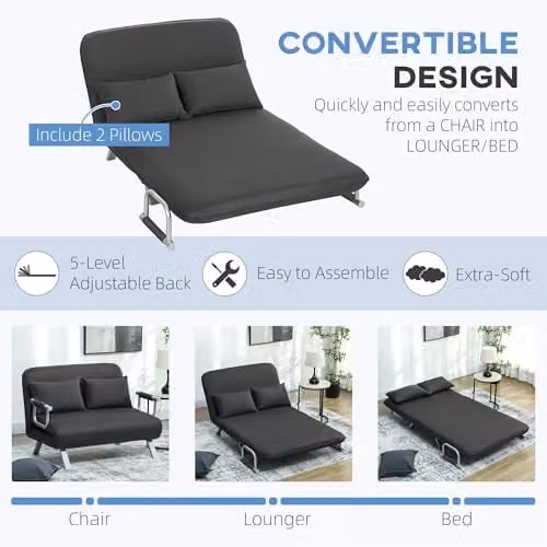 HOMCOM 2 Seater Click Clack Convertible Sofa Bed in Anthracite Grey Microfibre with Metal Frame – 4