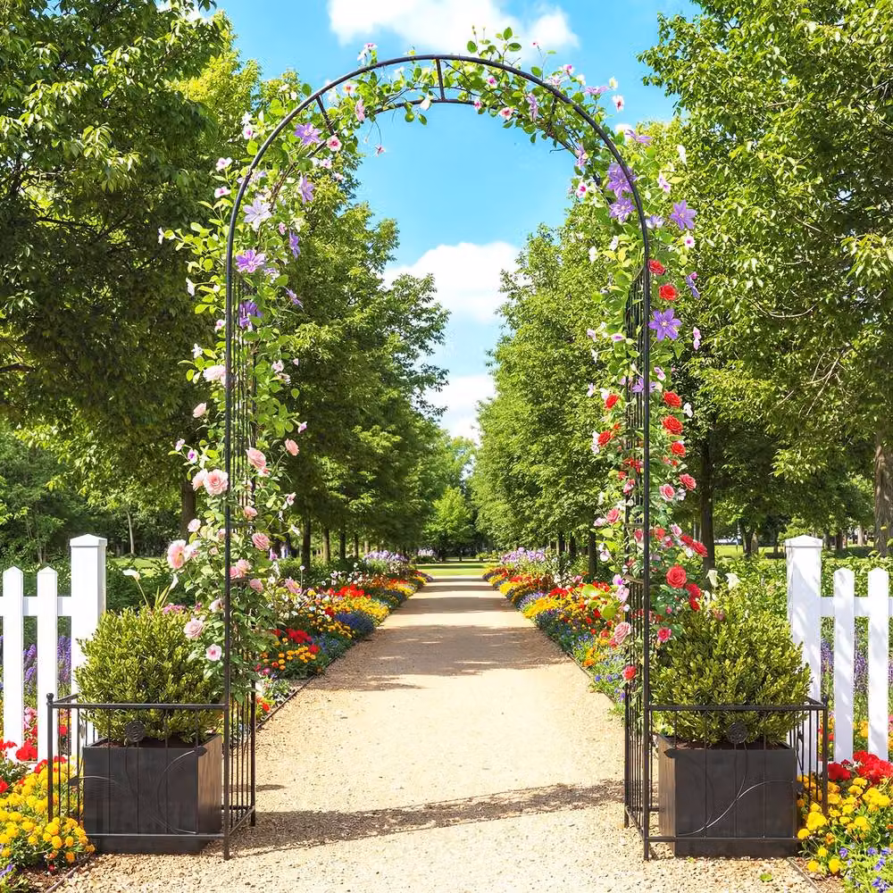 Costway Metal Garden Arbor Arch Trellis with Planter Boxes and Ground Stakes in Black – 3