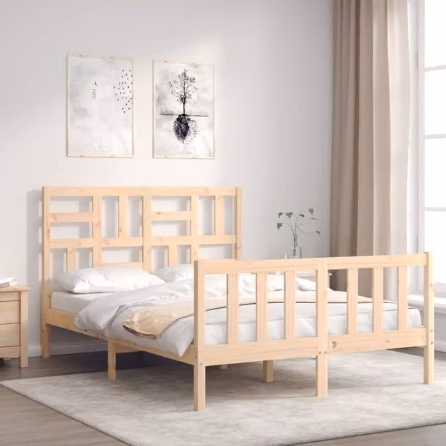 Berkfield Home Beautiful Solid Wood Bed Frame with Headboard in Natural Pine, W/D/H: 140 x 200 x 104 cm
