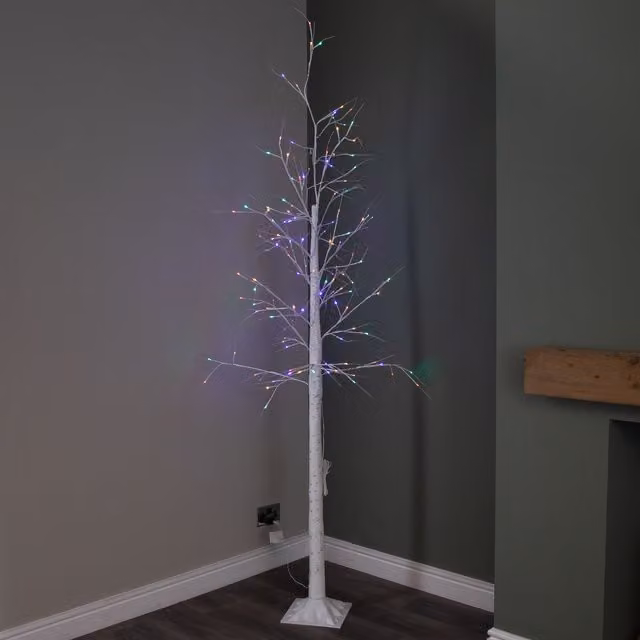Samuel Alexander 2.4m Light up Christmas Birch Tree with 136 Multi-Coloured LEDs, White