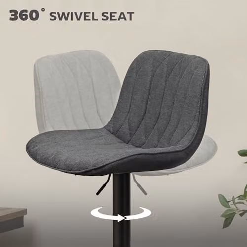 HOMCOM Set of 2 Modern Grey Fabric Bar Stools with 360 Degree Swivel and Metal Base – 4