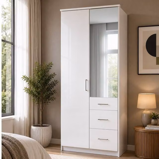 KDMD Camden White Gloss 2 Door Mirrored Wardrobe W/D/H: 90 x 58 x 199 cm – 1
