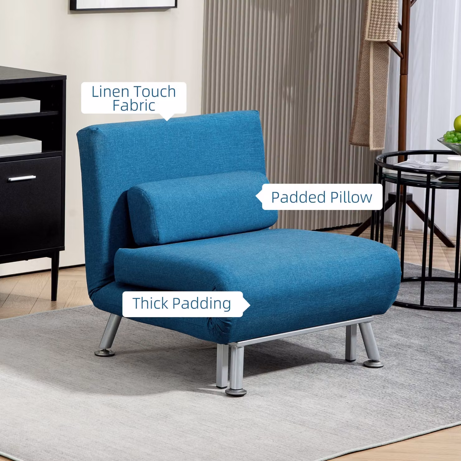 HOMCOM Single Sofa Bed with Pillow, Blue Cat Scratch Resistant Fabric Foldable Lounge Sleeper – 4