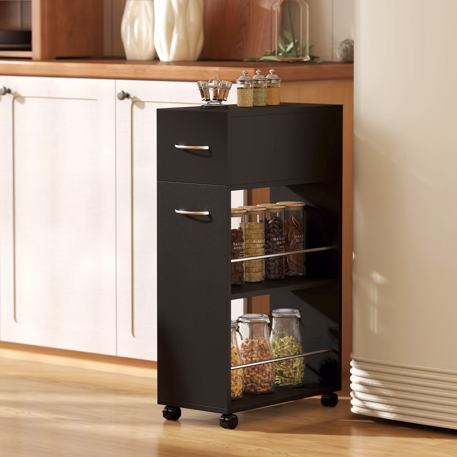 HOMCOM 3-Tier Rolling Kitchen Cart Trolley with Drawer and Surface Top, Black – 2