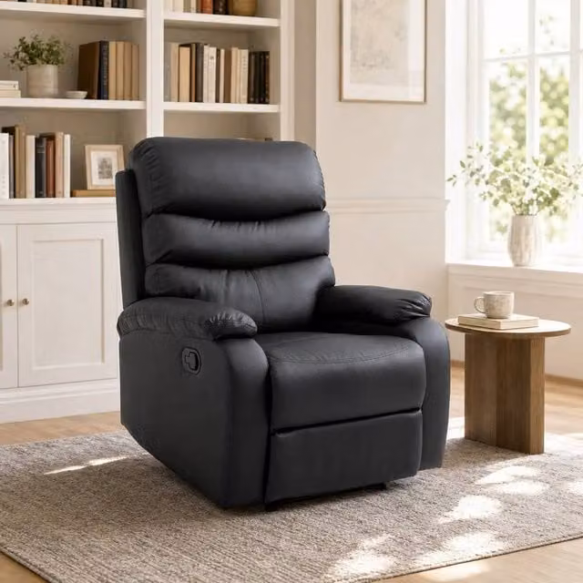 STILVORA Modern Relax Recliner Chair with Ottoman in Black Synthetic Leather – 1
