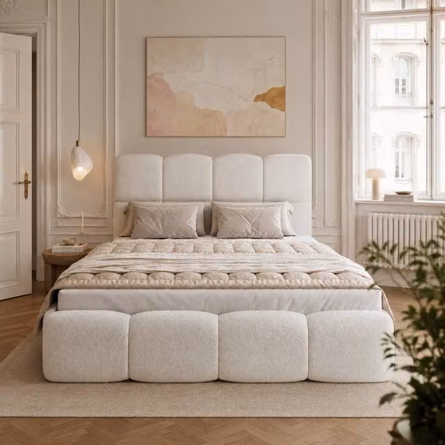 Merax Beige Boucle Upholstered Ottoman Bed with Storage, W/D/H: 140 x 200 x 100.5 cm – 1
