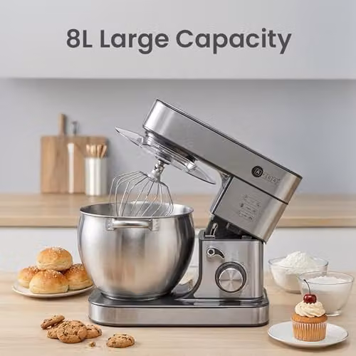 AFRA 2000W 8L Stand Mixer in Silver with 6 Speeds, Pulse Function and Stainless Steel Bowl – 6