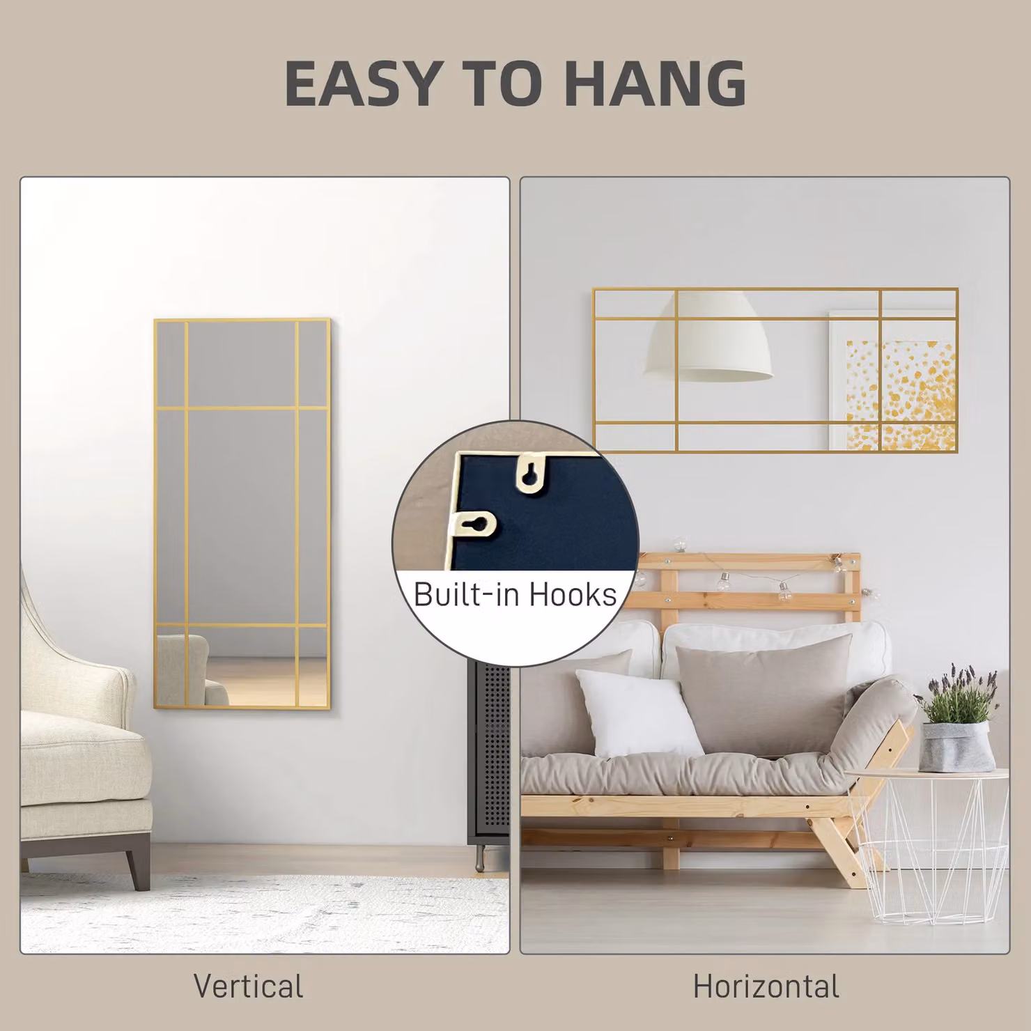 HOMCOM Rectangular Metal Frame Wall Mirror in Gold, W: 110 cm, H: 50 cm – 3