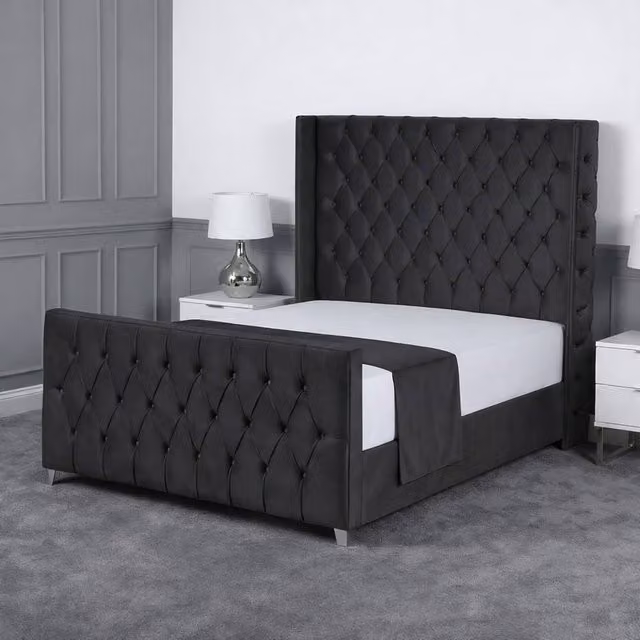 Living Comfort Bedz Seraphina Small Double Plush Velvet Upholstered Bed with Slatted Base and 48 Inch Headboard in Charcoal Grey, W/D/H: 120 x 200 cm