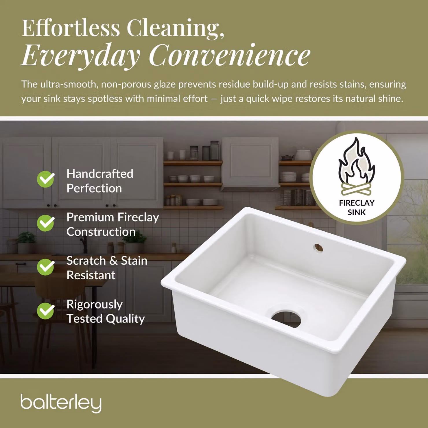 Balterley White Ceramic Fireclay Single Bowl Square Undermount Kitchen Sink with Overflow, W: 54.8 cm, D: 44.2 cm, H: 19.7 cm – 4
