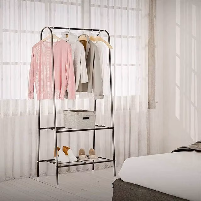 FORGEVIO Black Metal Garment Rail with Storage Shelf and Continuous Linear Rail, H: 153.0 cm, W: 60.0 cm
