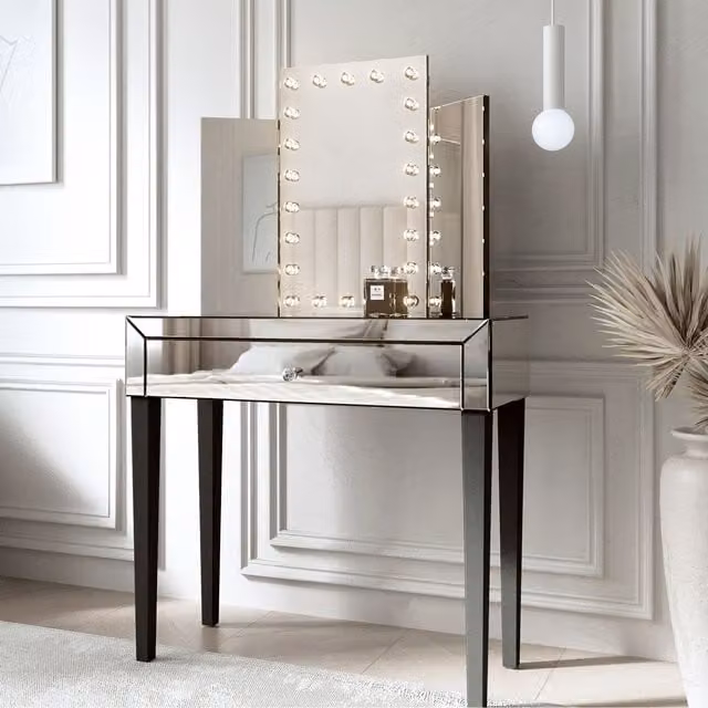 CARME Silver Glossy Mirrored Dressing Table with Tri-Fold Glass Mirror