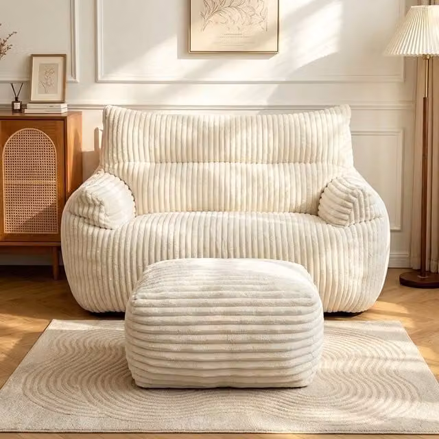 Aosom UK Oversized 2-Seater Corduroy Sofa with Matching Ottoman, White, W/D/H: 135 x 100 x 75 cm