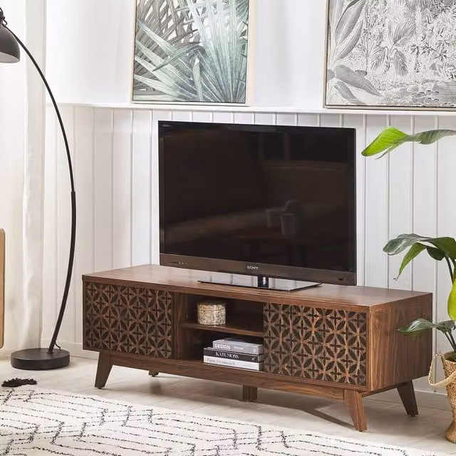 Wyld and Coco Sablon Retro Dark Brown TV Stand Entertainment Unit W: 140.0 cm, D: 40.0 cm, H: 45.0 cm – 1