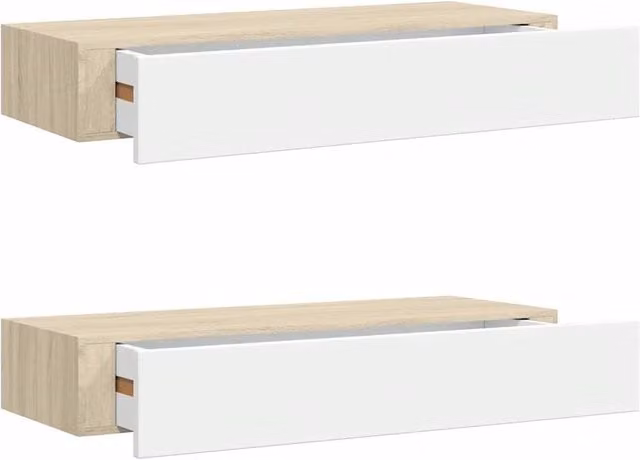 Berkfield Home Wall Drawer Shelves, 2 Piece Set in Oak and White, W/D/H: 60 x 23.5 x 10 cm