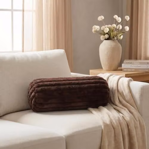 OHS Brown Faux Fur Ribbed Round Bolster Cushion Pillow