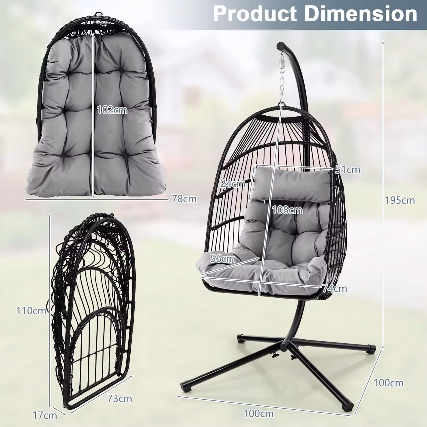 Costway Grey Hanging Egg Swing Chair with Stand, Cushions and Dust Cover – 2